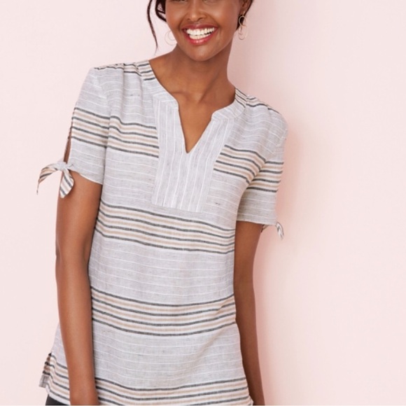 Talbots Womens Striped 100% Linen Tie-Sleeve Gray
Beige Top Size Medium - Picture 2 of 11